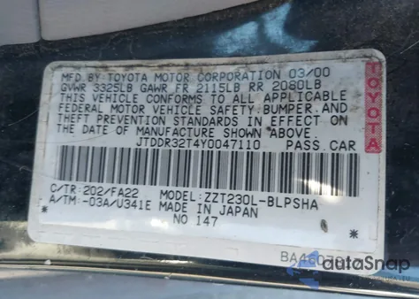 2000 Toyota Celica Gt из США, поврежденный, VIN JTDDR32T4Y0047110